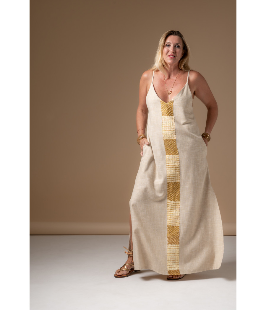 Angeline Dress – Woven Cotton with Signature Gold Embroidery | AS'FALL