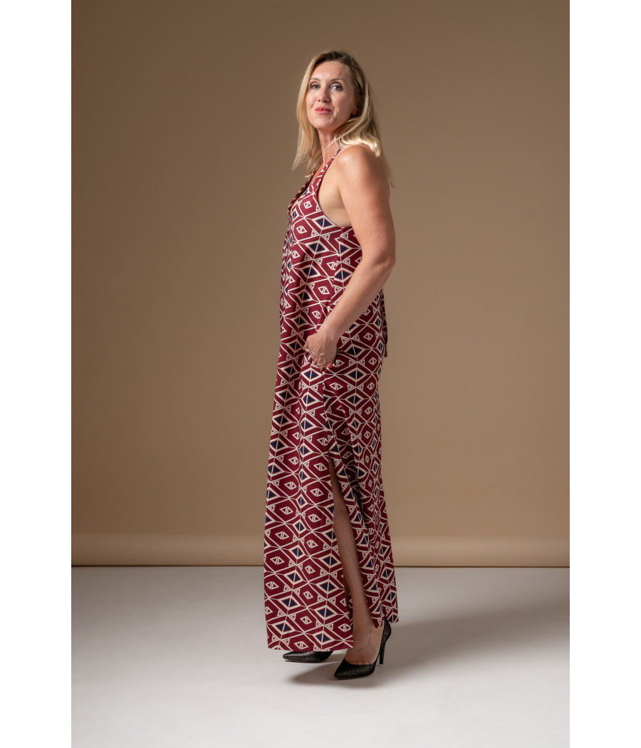 Burgundy Graphic Maxi Dress with Tribal Motif | AS'FALL