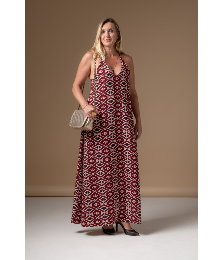 Burgundy Graphic Maxi Dress with Tribal Motif | AS'FALL