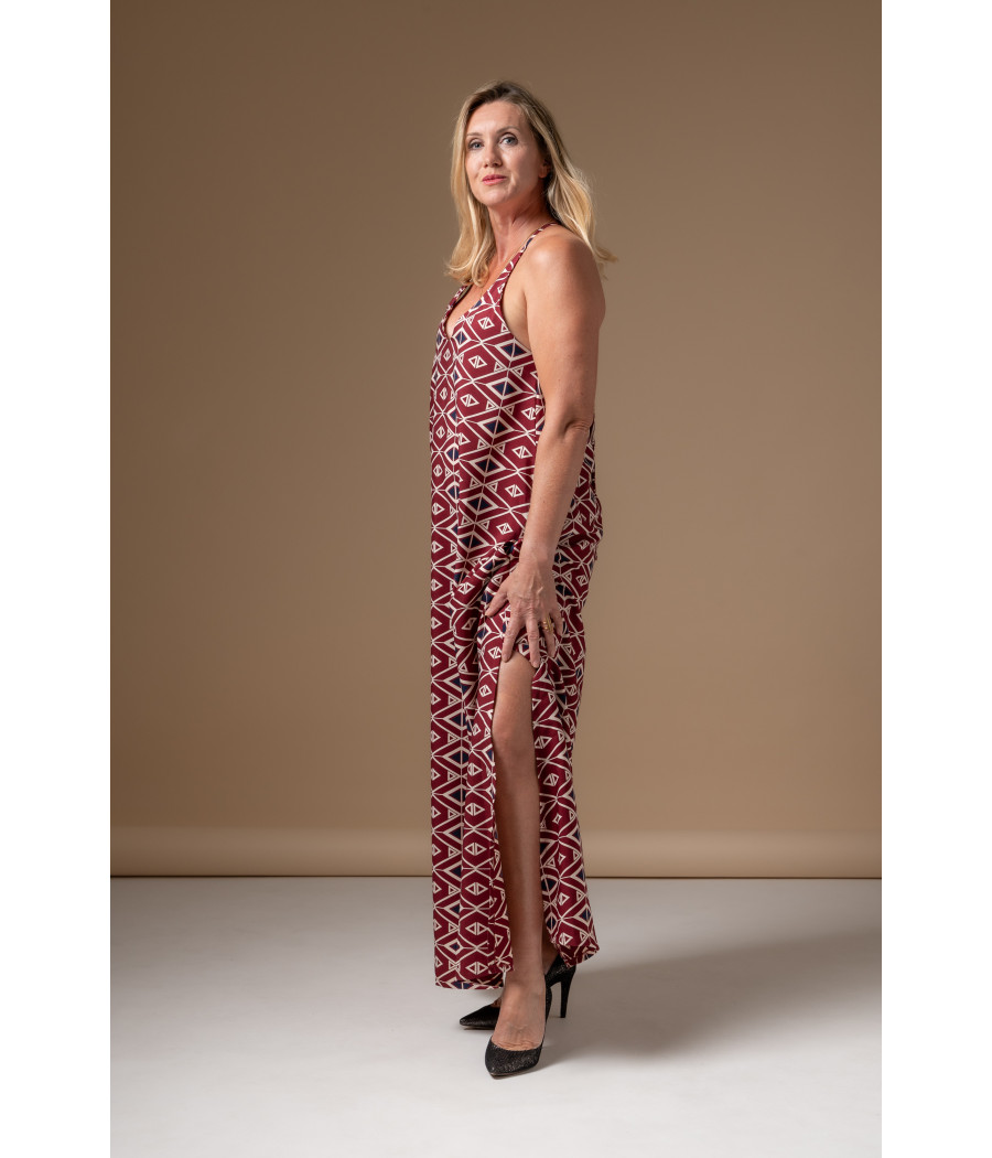 Burgundy Graphic Maxi Dress with Tribal Motif | AS'FALL
