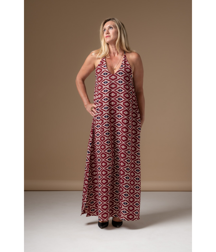Burgundy Graphic Maxi Dress with Tribal Motif | AS'FALL