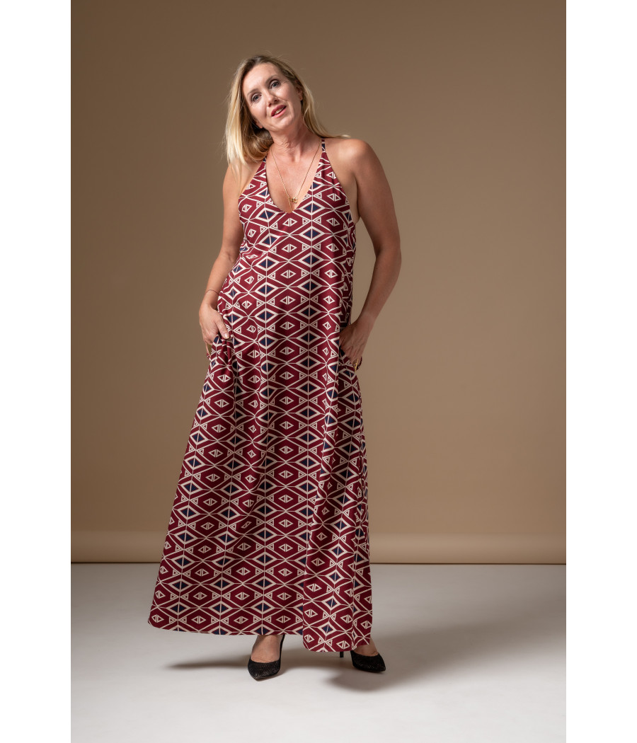 Burgundy Graphic Maxi Dress with Tribal Motif | AS'FALL