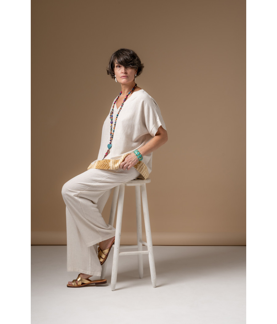 Cream Linen & Cotton Top with Hand-Embroidered Gold Details | AS'FALL