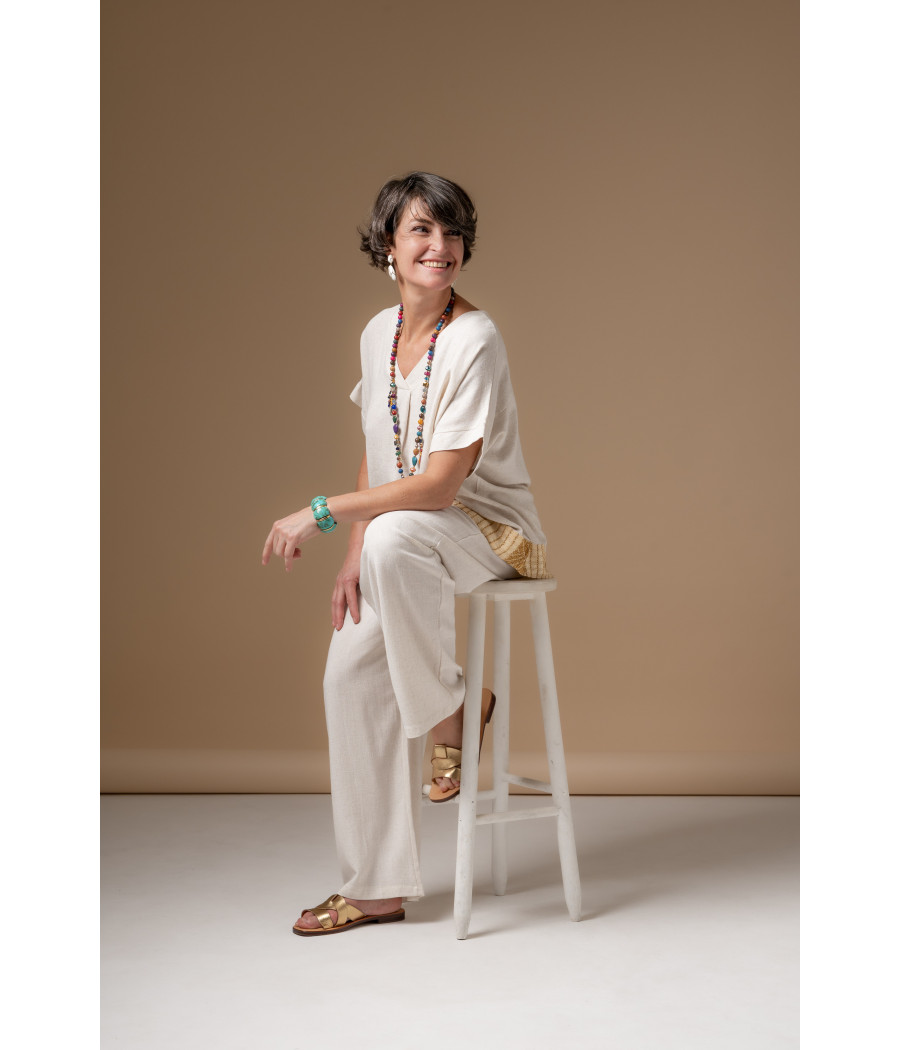 Cream Linen & Cotton Top with Hand-Embroidered Gold Details | AS'FALL