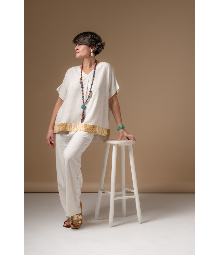 Cream Linen & Cotton Top with Hand-Embroidered Gold Details | AS'FALL