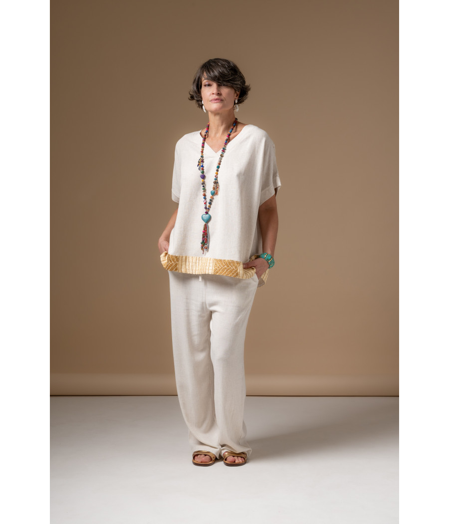 Cream Linen & Cotton Top with Hand-Embroidered Gold Details | AS'FALL