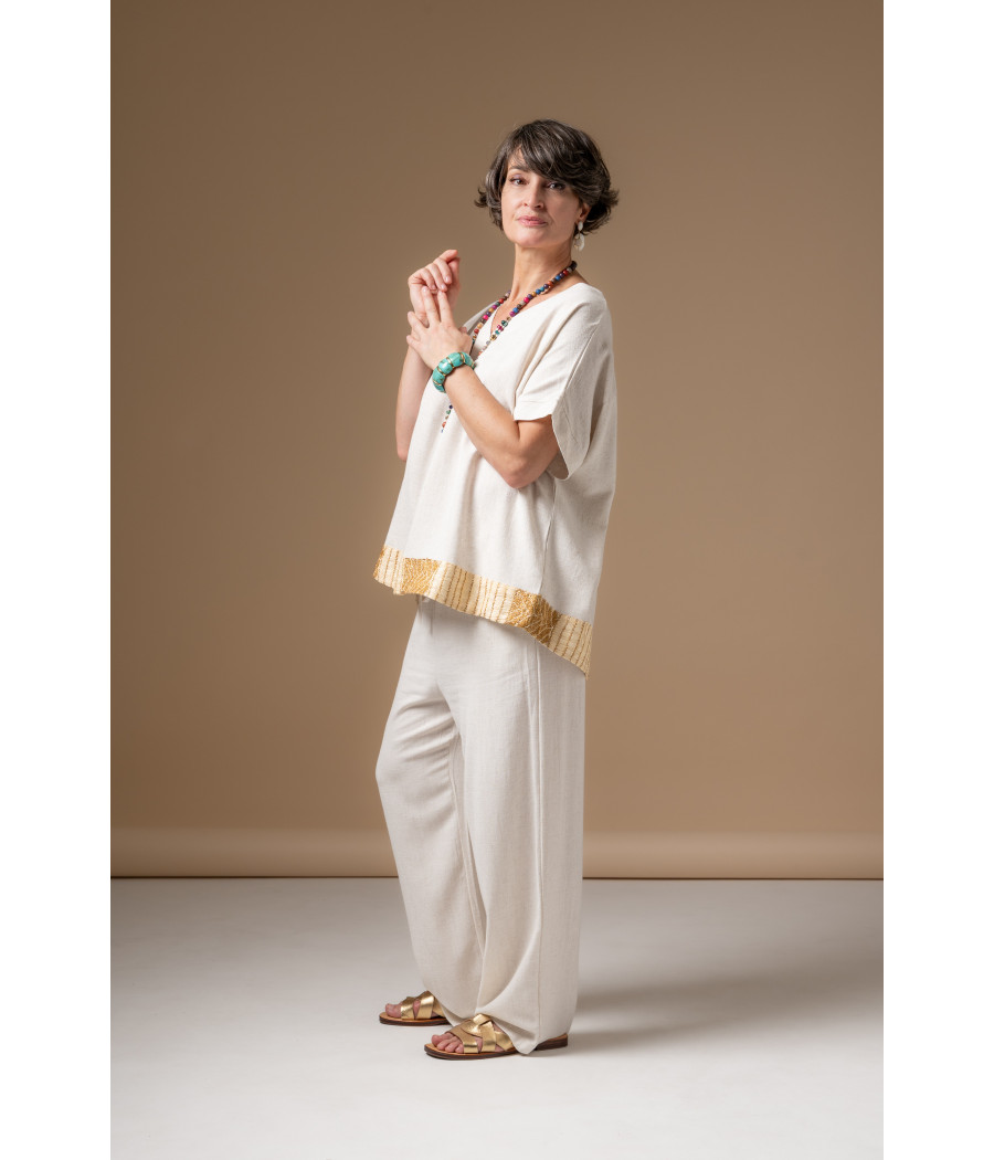 Cream Linen & Cotton Top with Hand-Embroidered Gold Details | AS'FALL Cream Linen & Cotton Top with Hand-Embroidered Gold Details | AS'FALL