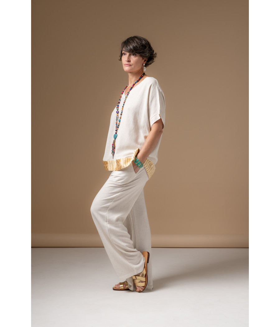 Cream Linen & Cotton Top with Hand-Embroidered Gold Details | AS'FALL Cream Linen & Cotton Top with Hand-Embroidered Gold Details | AS'FALL