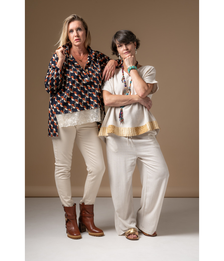 Cream Linen & Cotton Top with Hand-Embroidered Gold Details | AS'FALL
