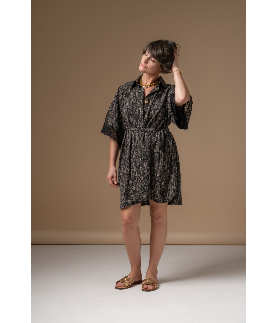 Black Viscose Shirt Dress with Lace Sleeve Detail–Effortless Elegance