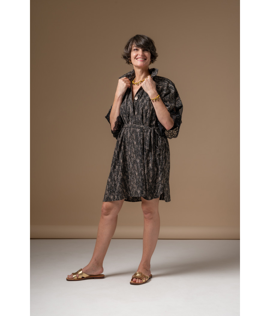 Black Viscose Shirt Dress with Lace Sleeve Detail–Effortless Elegance