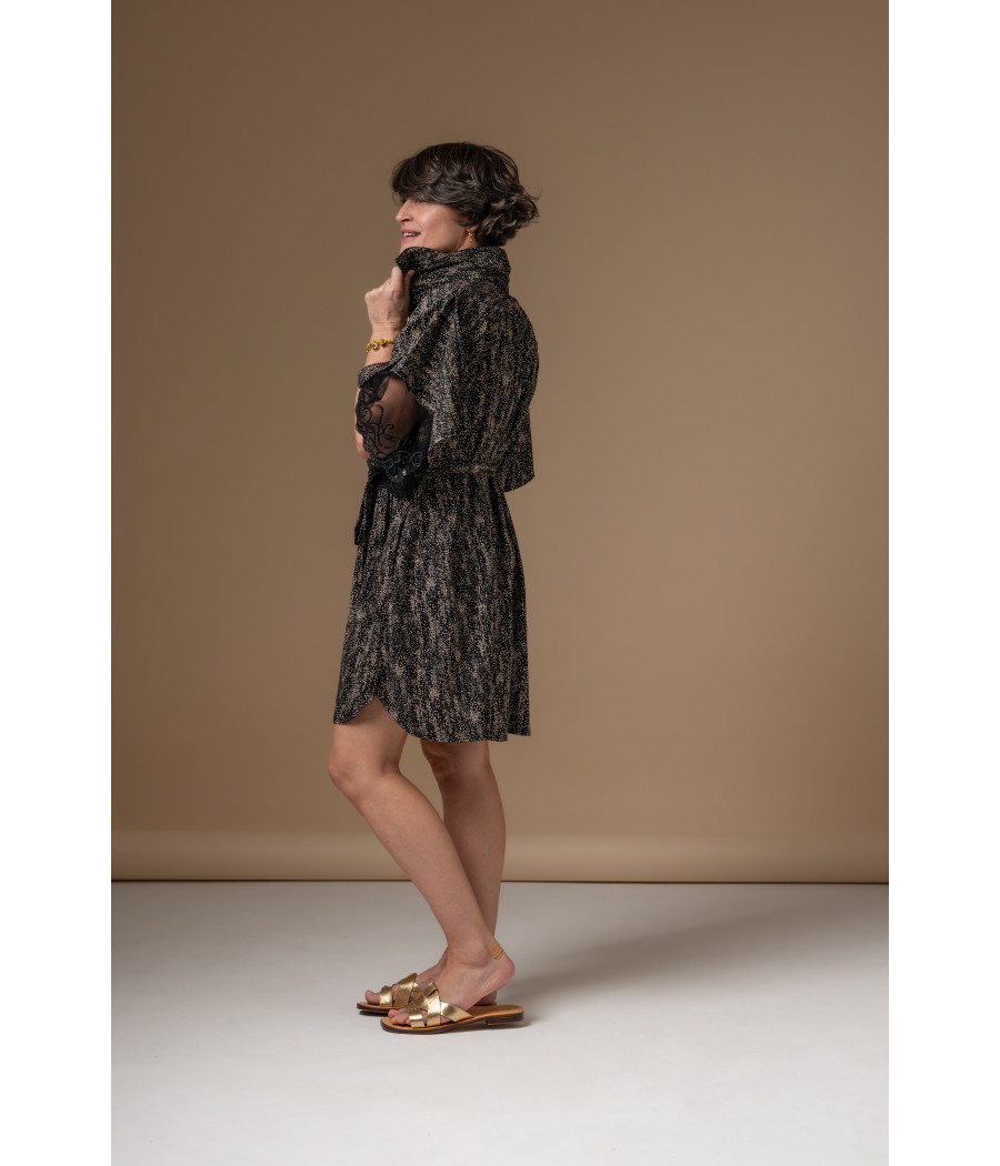 Black Viscose Shirt Dress with Lace Sleeve Detail–Effortless Elegance