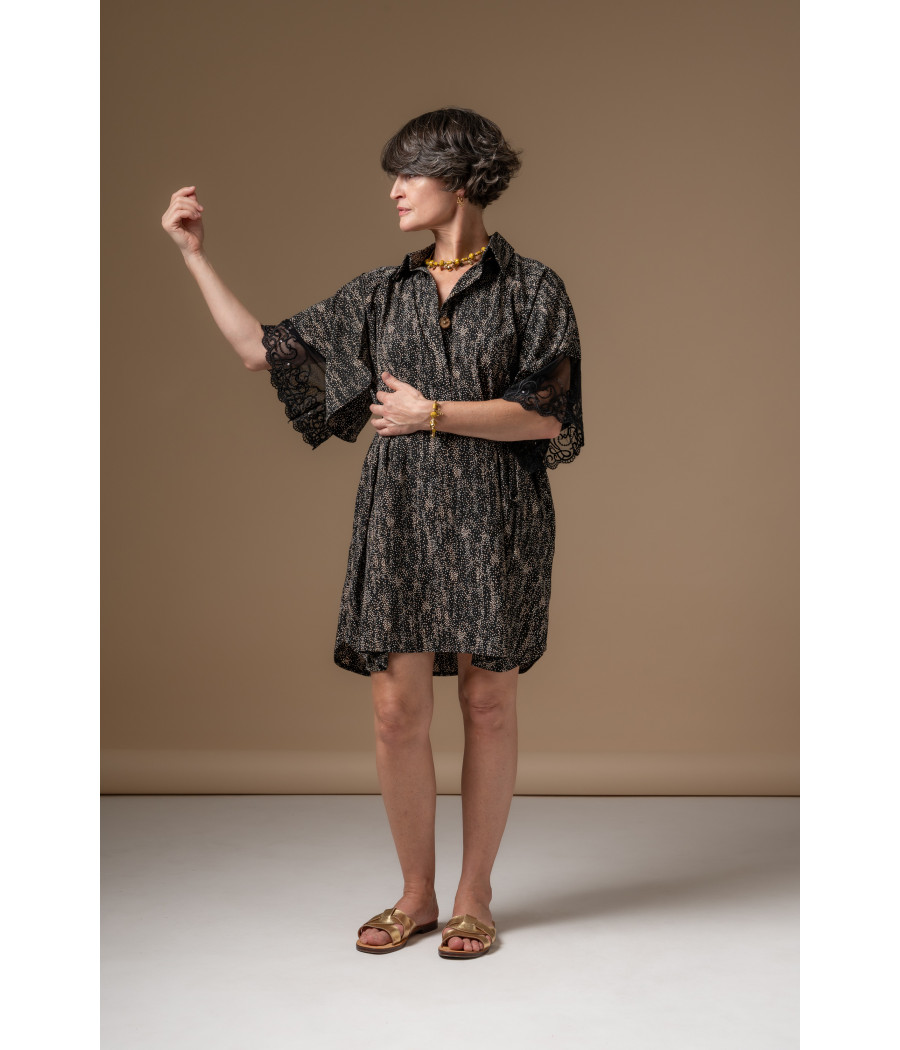 Black Viscose Shirt Dress with Lace Sleeve Detail–Effortless Elegance