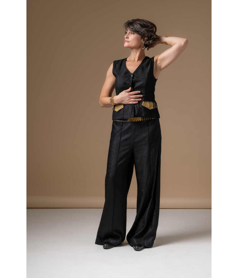 Black Vest & Wide-Leg Pants Set with Gold Embroidery | AS'FALL
