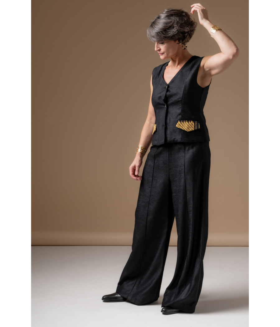 Black Vest & Wide-Leg Pants Set with Gold Embroidery | AS'FALL
