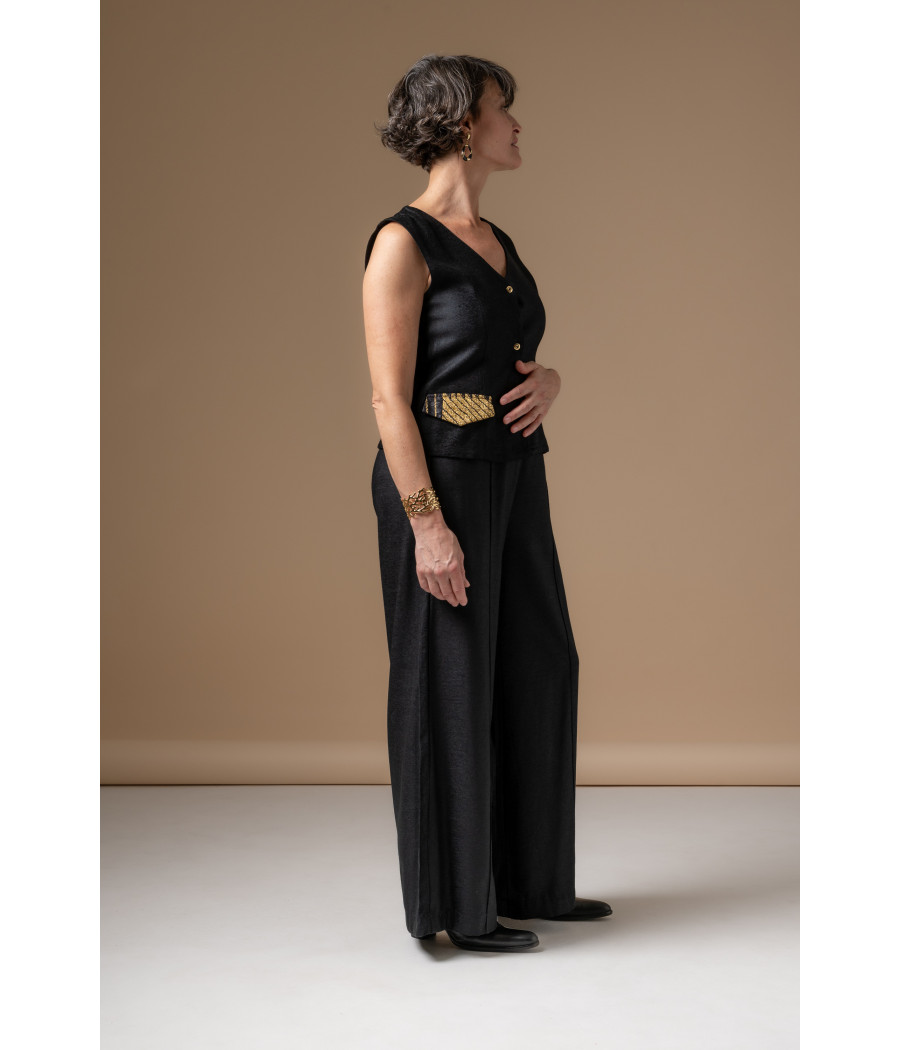 Black Vest & Wide-Leg Pants Set with Gold Embroidery | AS'FALL