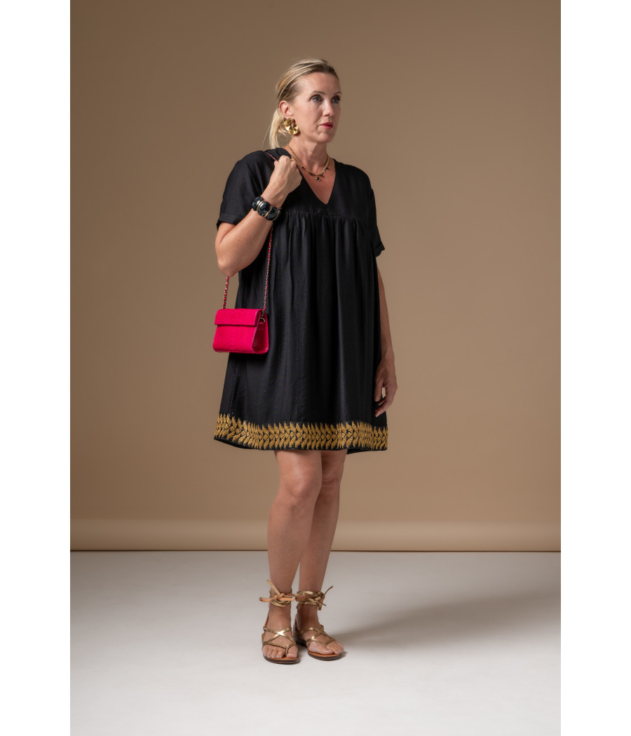 Black Mini Dress with Hand-Embroidered Gold Hem | AS'FALL