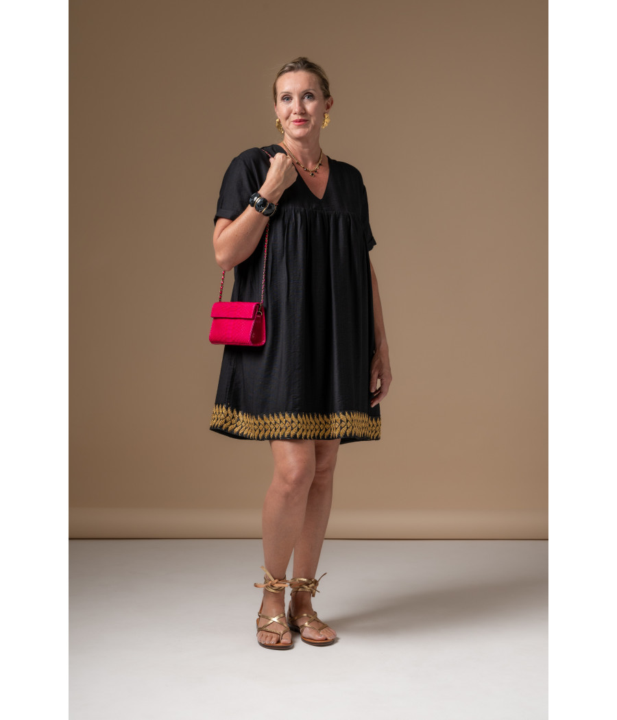 Black Mini Dress with Hand-Embroidered Gold Hem | AS'FALL