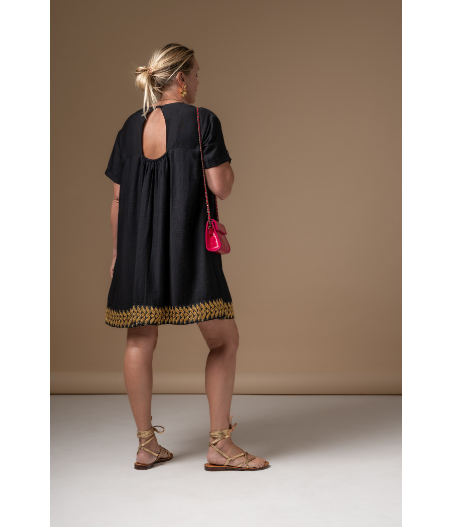 Black Mini Dress with Hand-Embroidered Gold Hem | AS'FALL