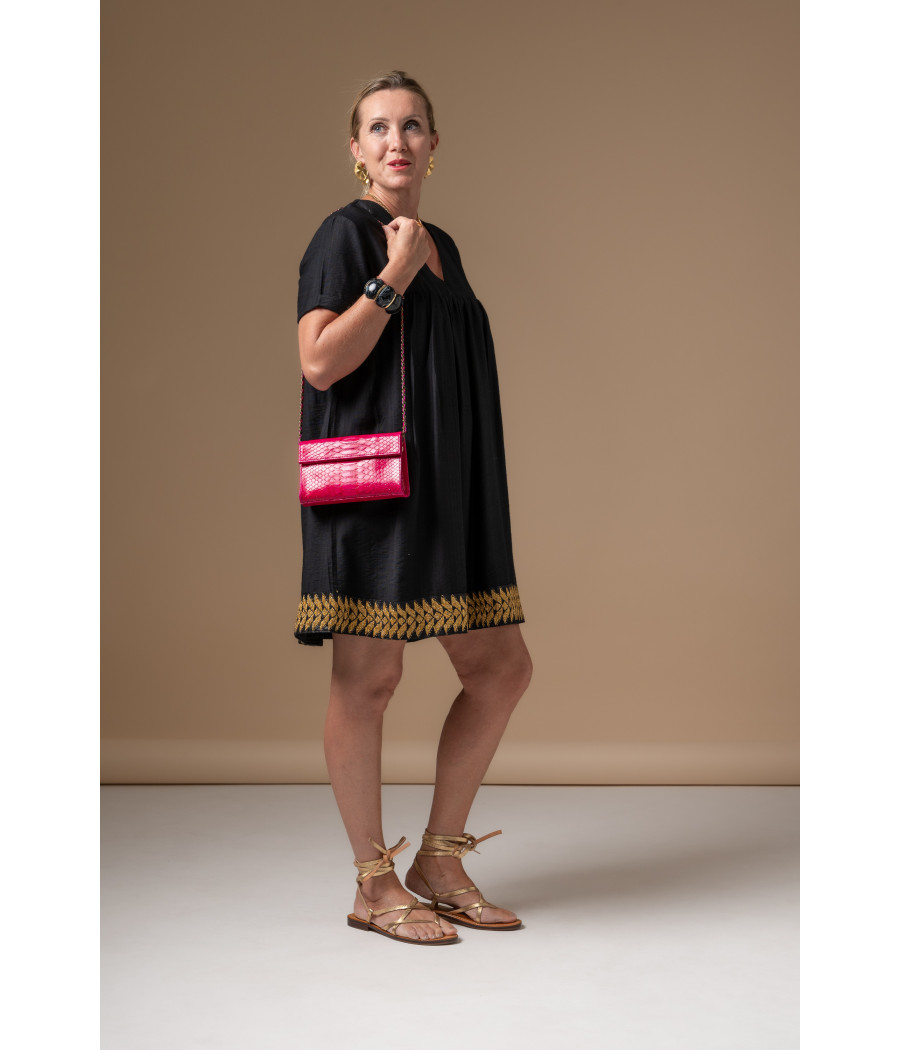 Black Mini Dress with Hand-Embroidered Gold Hem | AS'FALL Black Mini Dress with Hand-Embroidered Gold Hem | AS'FALL