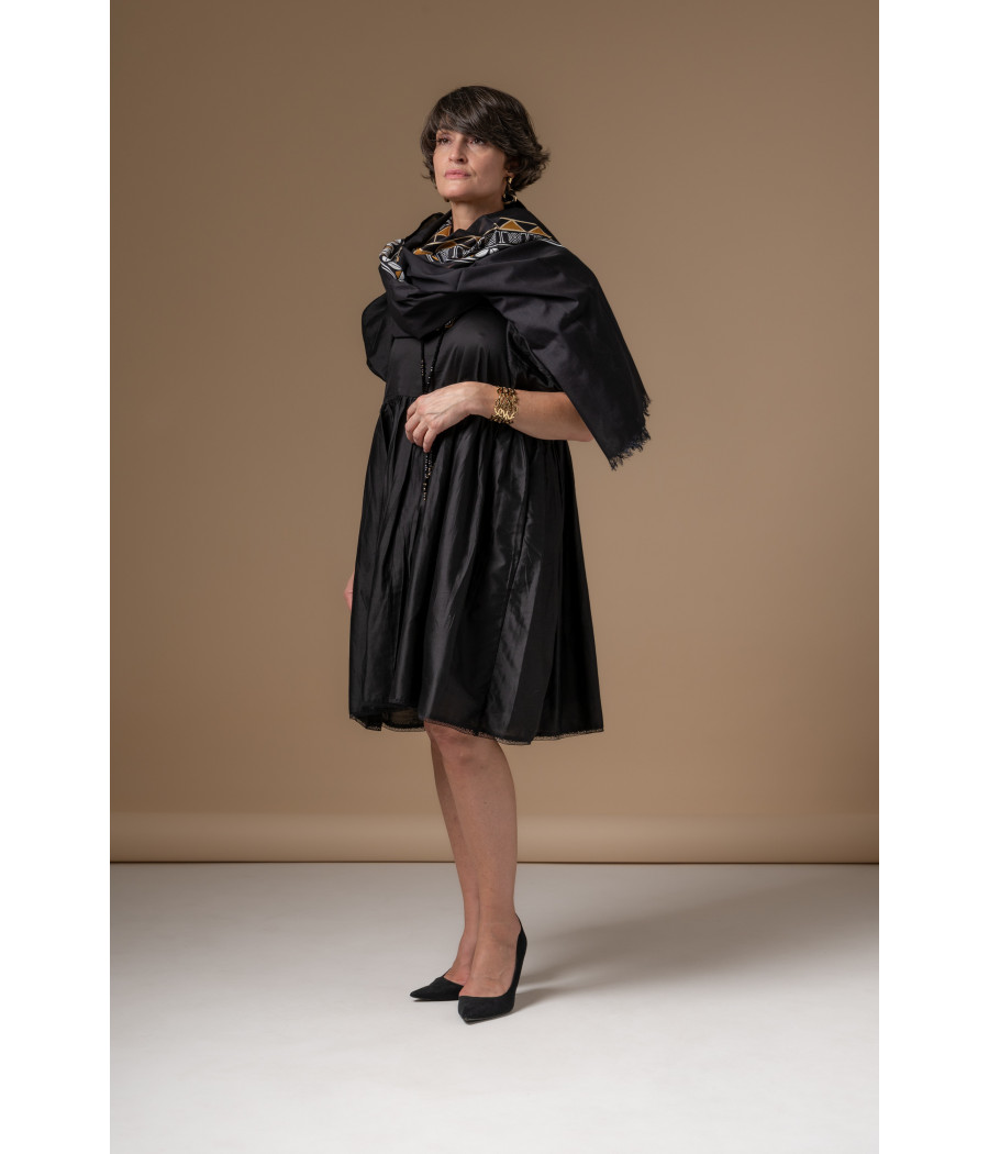 Black Cotton Voile Dress with Square Neck & Puff Sleeves | AS'FALL Black Cotton Voile Dress with Square Neck & Puff Sleeves | AS'FALL