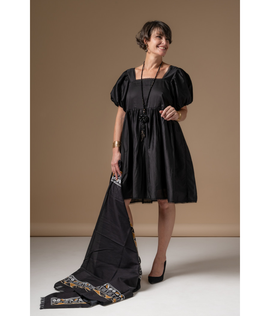 Black Cotton Voile Dress with Square Neck & Puff Sleeves | AS'FALL