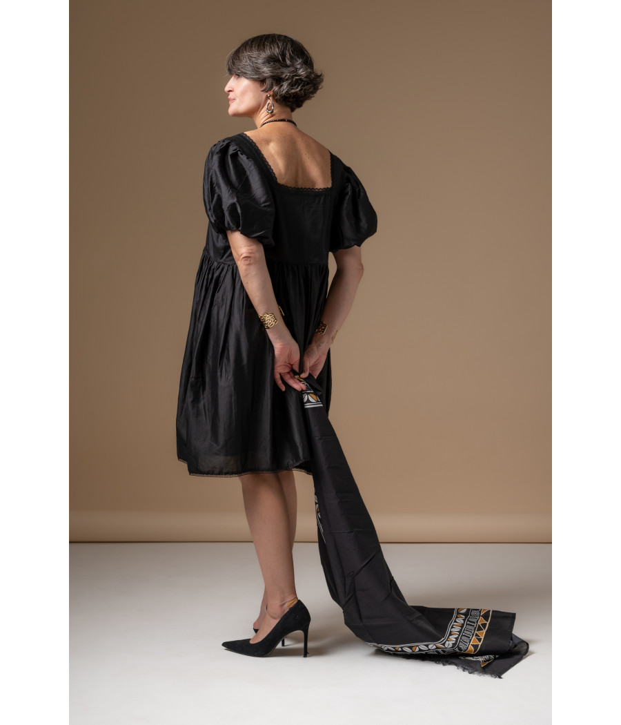 Black Cotton Voile Dress with Square Neck & Puff Sleeves | AS'FALL