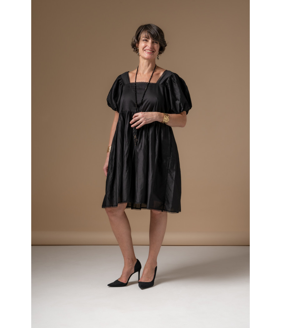 Black Cotton Voile Dress with Square Neck & Puff Sleeves | AS'FALL