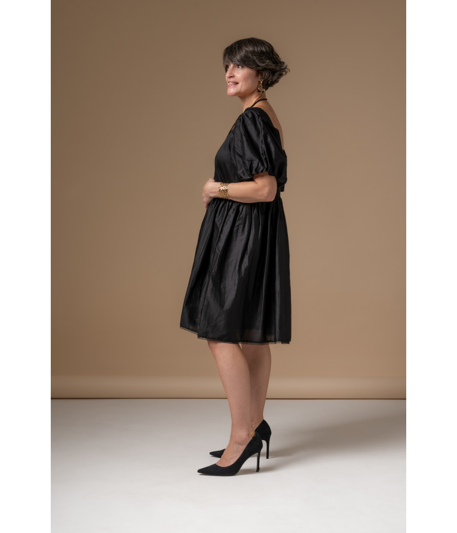Black Cotton Voile Dress with Square Neck & Puff Sleeves | AS'FALL Black Cotton Voile Dress with Square Neck & Puff Sleeves | AS'FALL