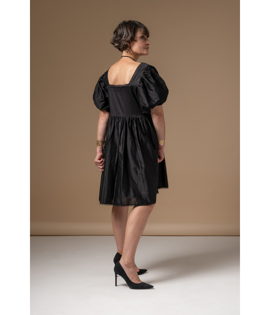 Black Cotton Voile Dress with Square Neck & Puff Sleeves | AS'FALL