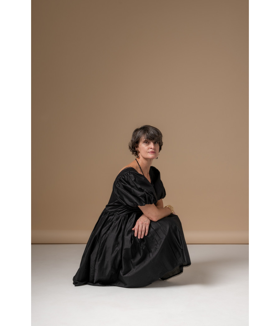 Black Cotton Voile Dress with Square Neck & Puff Sleeves | AS'FALL Black Cotton Voile Dress with Square Neck & Puff Sleeves | AS'FALL