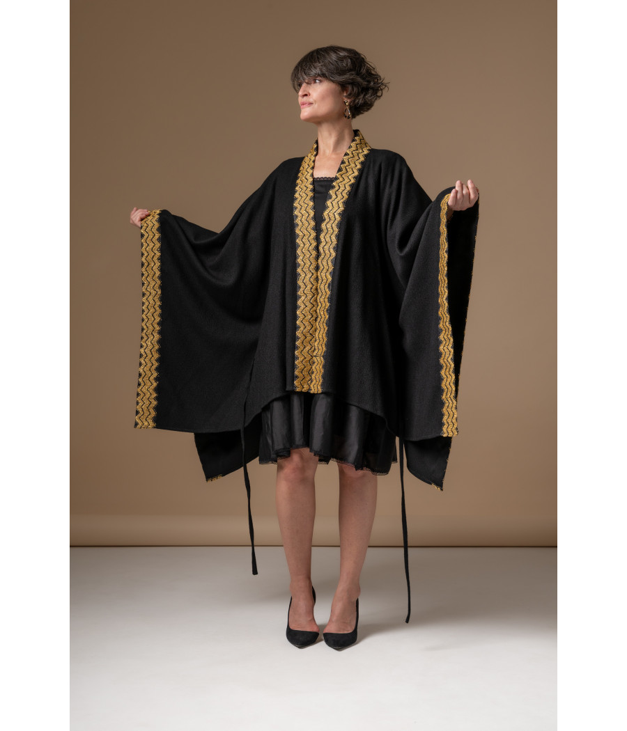 Black cape jacket with gold hand embroidery