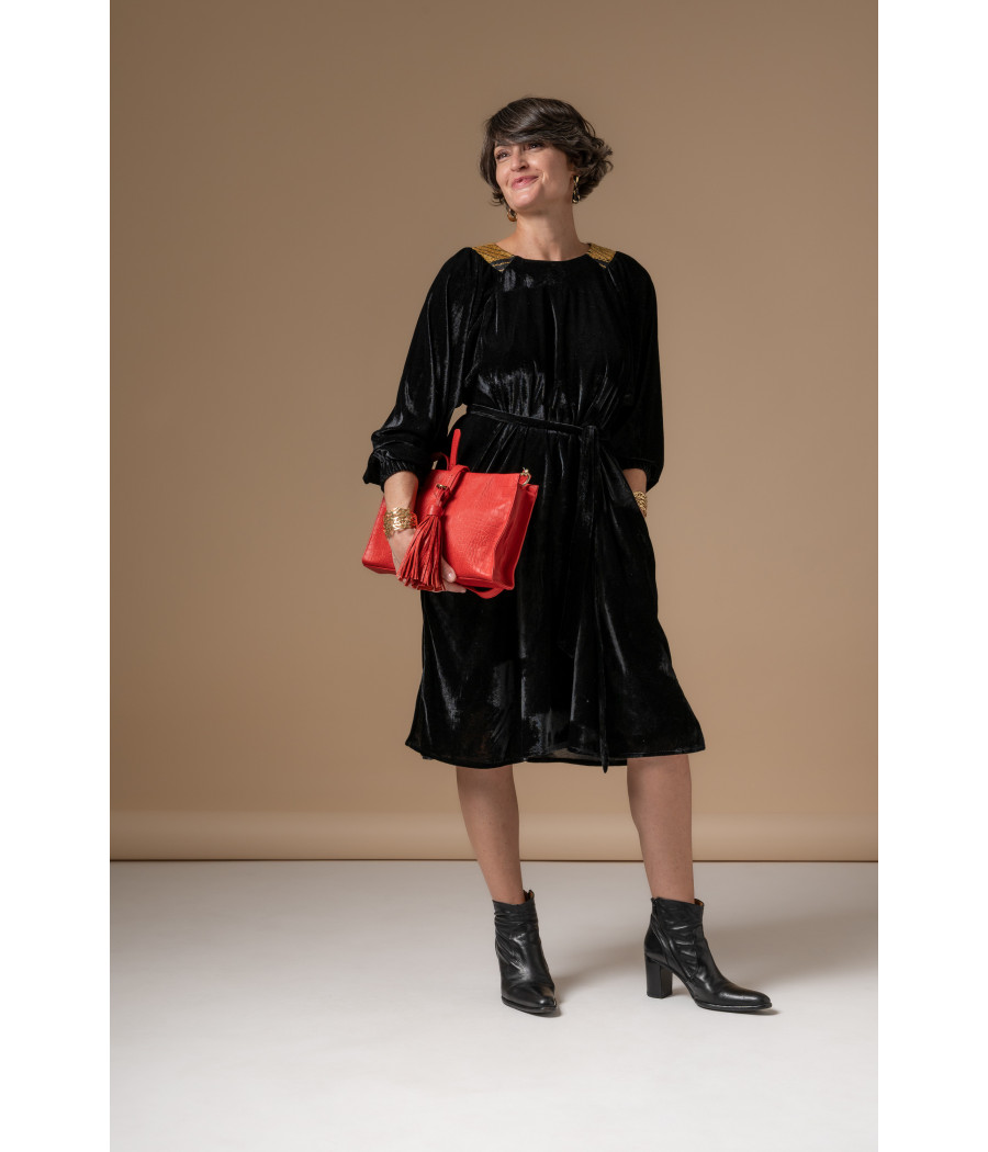 Black Velvet Dress with Gold Embroidery & Waist Belt | AS'FALL