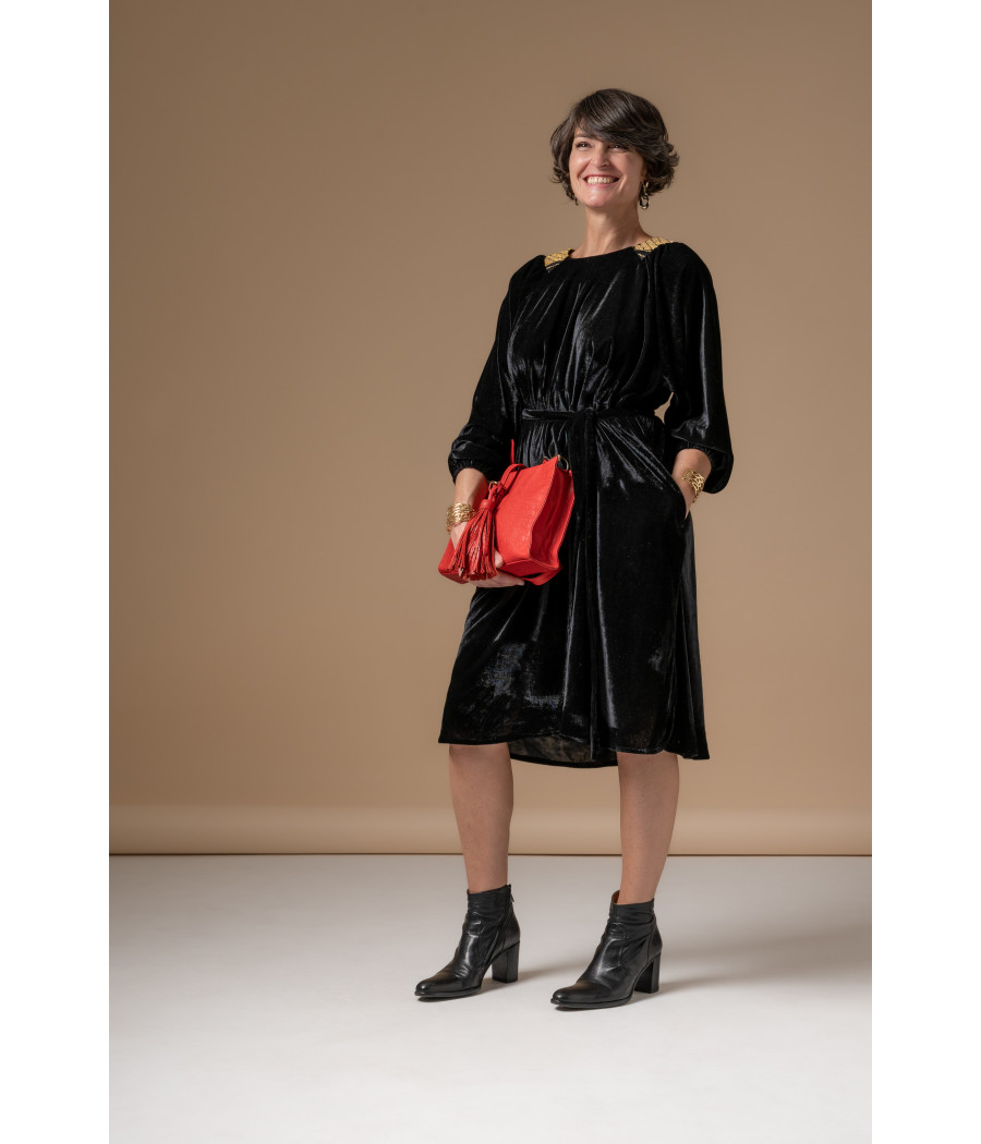 Black Velvet Dress with Gold Embroidery & Waist Belt | AS'FALL