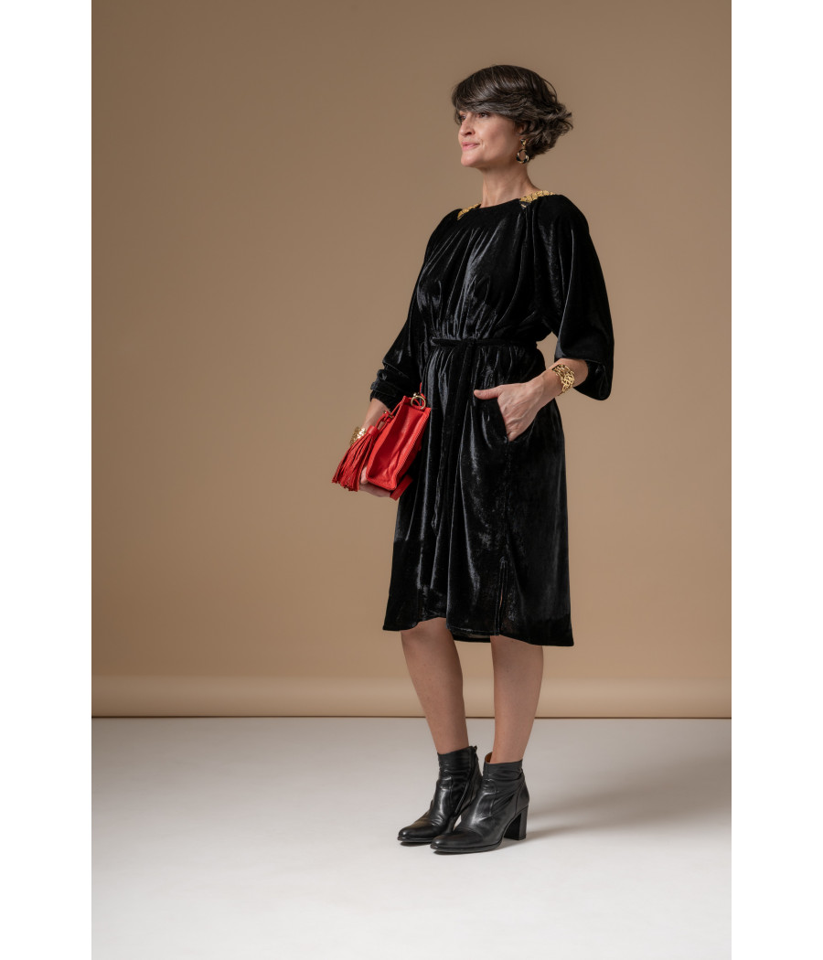 Black Velvet Dress with Gold Embroidery & Waist Belt | AS'FALL
