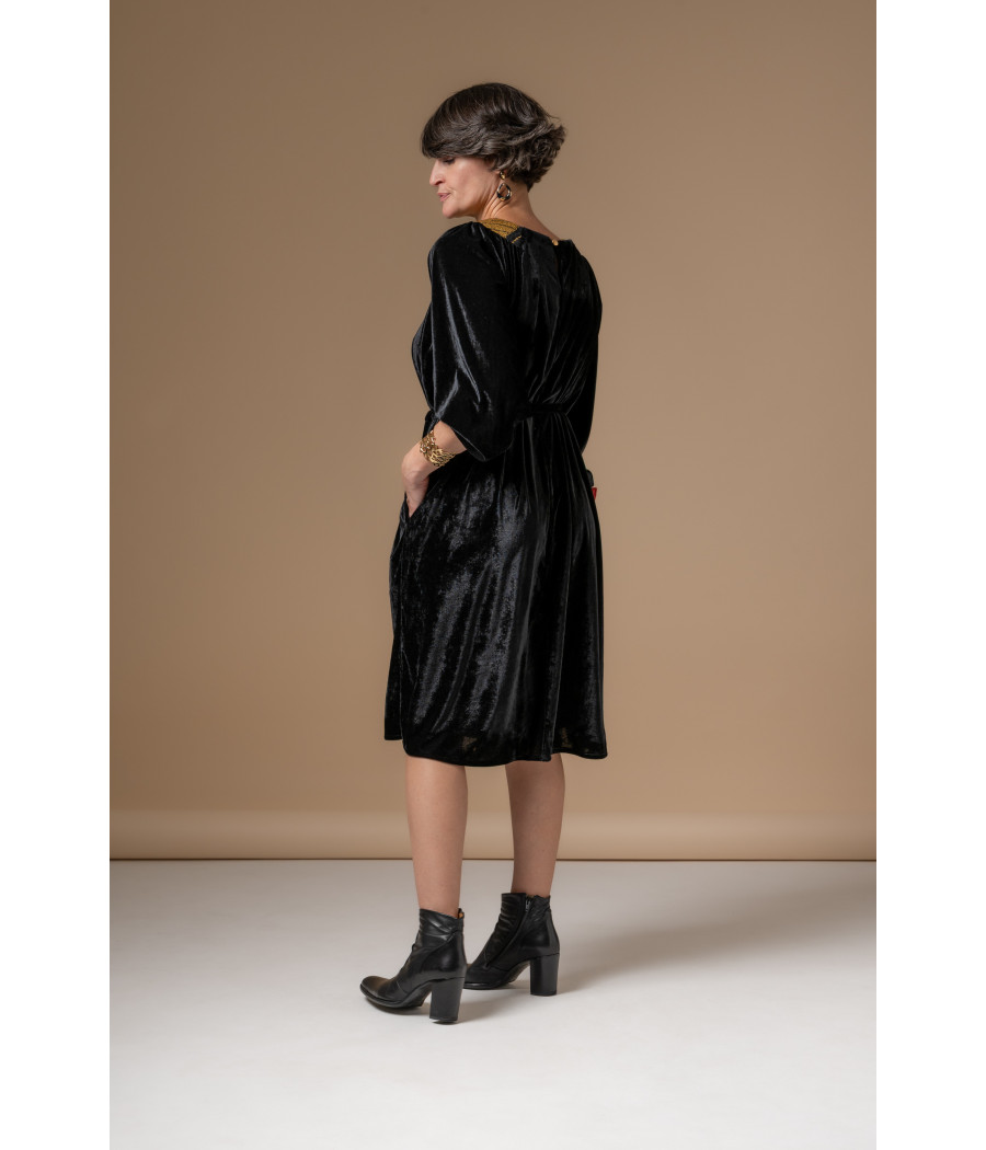 Black Velvet Dress with Gold Embroidery & Waist Belt | AS'FALL