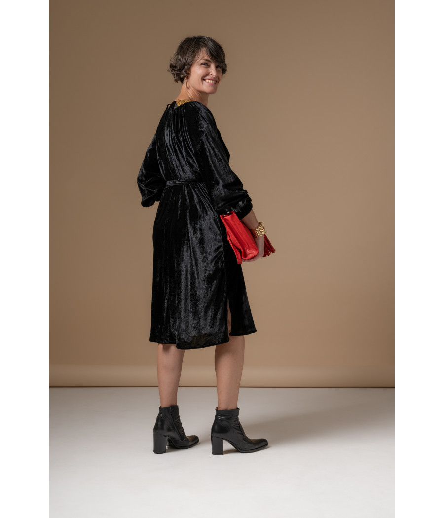 Black Velvet Dress with Gold Embroidery & Waist Belt | AS'FALL