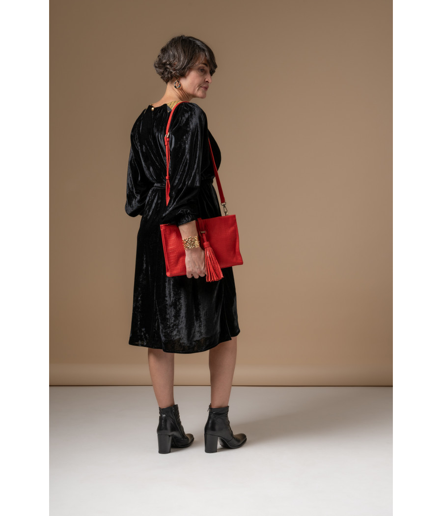 Black Velvet Dress with Gold Embroidery & Waist Belt | AS'FALL