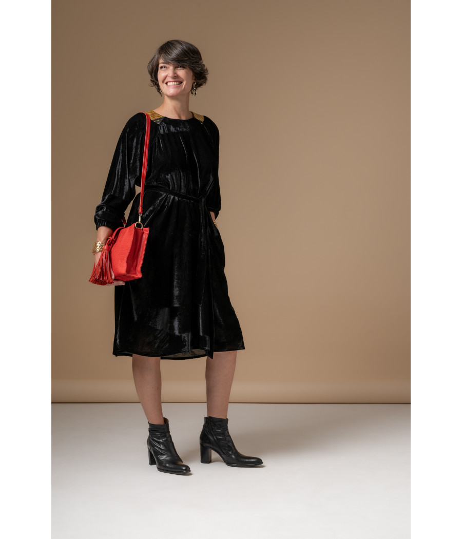 Black Velvet Dress with Gold Embroidery & Waist Belt | AS'FALL