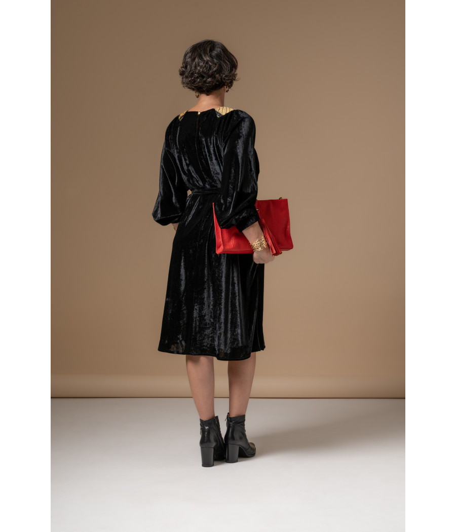Black Velvet Dress with Gold Embroidery & Waist Belt | AS'FALL