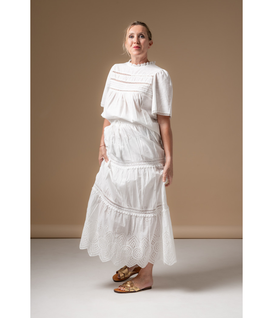 White Cotton Skirt with Lace Inserts & Elastic Waist | AS'FALL White Cotton Skirt with Lace Inserts & Elastic Waist | AS'FALL