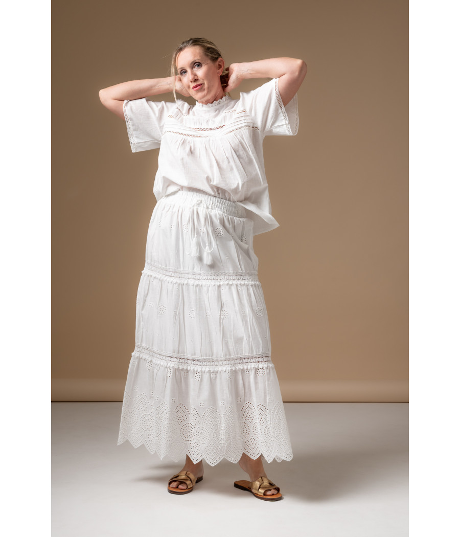 White Cotton Skirt with Lace Inserts & Elastic Waist | AS'FALL