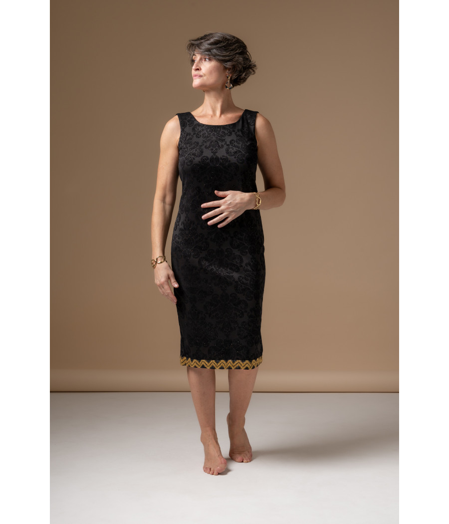 Black Jacquard Sheath Dress with Gold Embroidery | AS'FALL Black Jacquard Sheath Dress with Gold Embroidery | AS'FALL