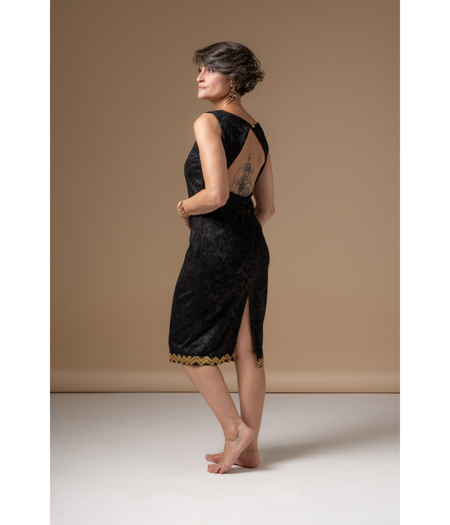 Black Jacquard Sheath Dress with Gold Embroidery | AS'FALL