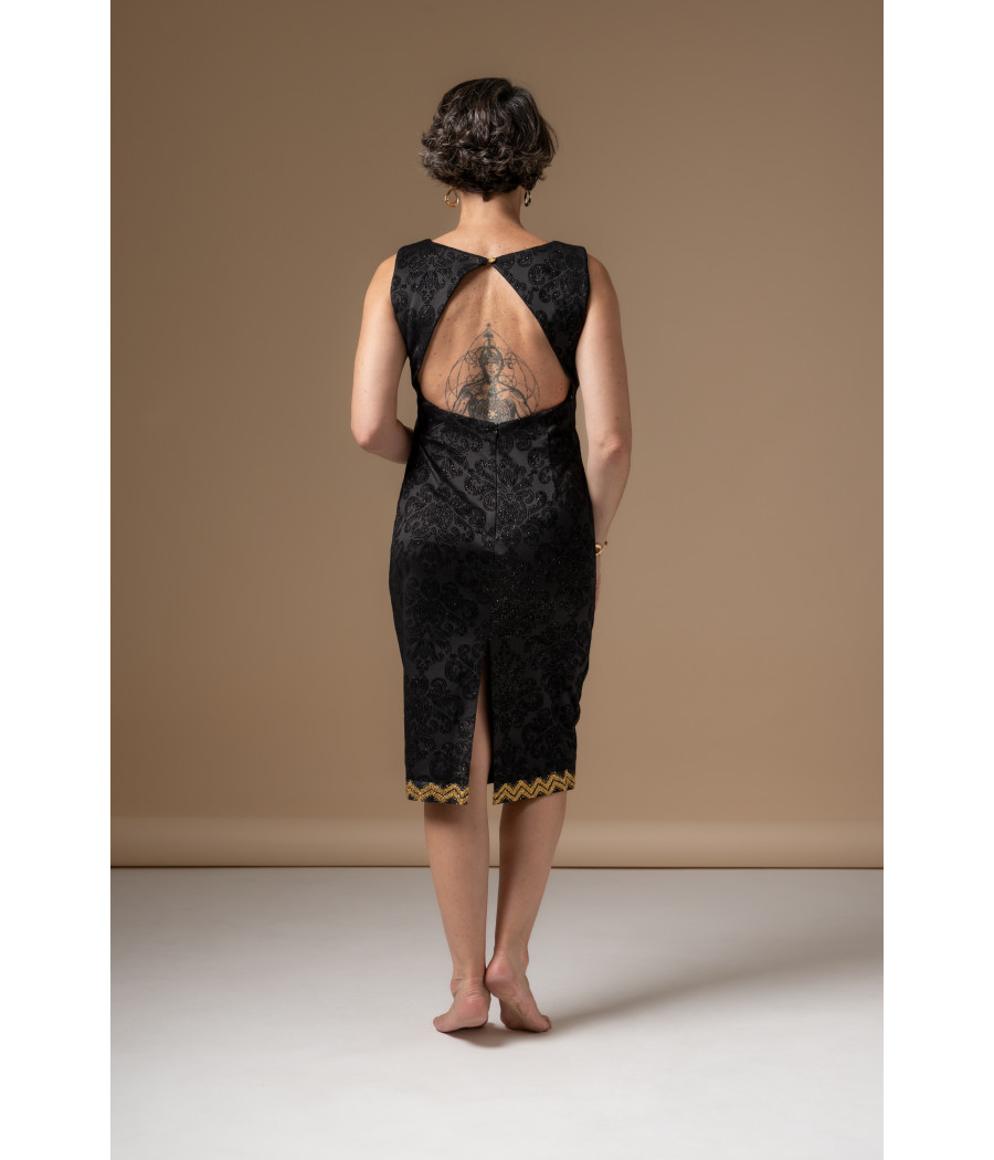 Black Jacquard Sheath Dress with Gold Embroidery | AS'FALL Black Jacquard Sheath Dress with Gold Embroidery | AS'FALL