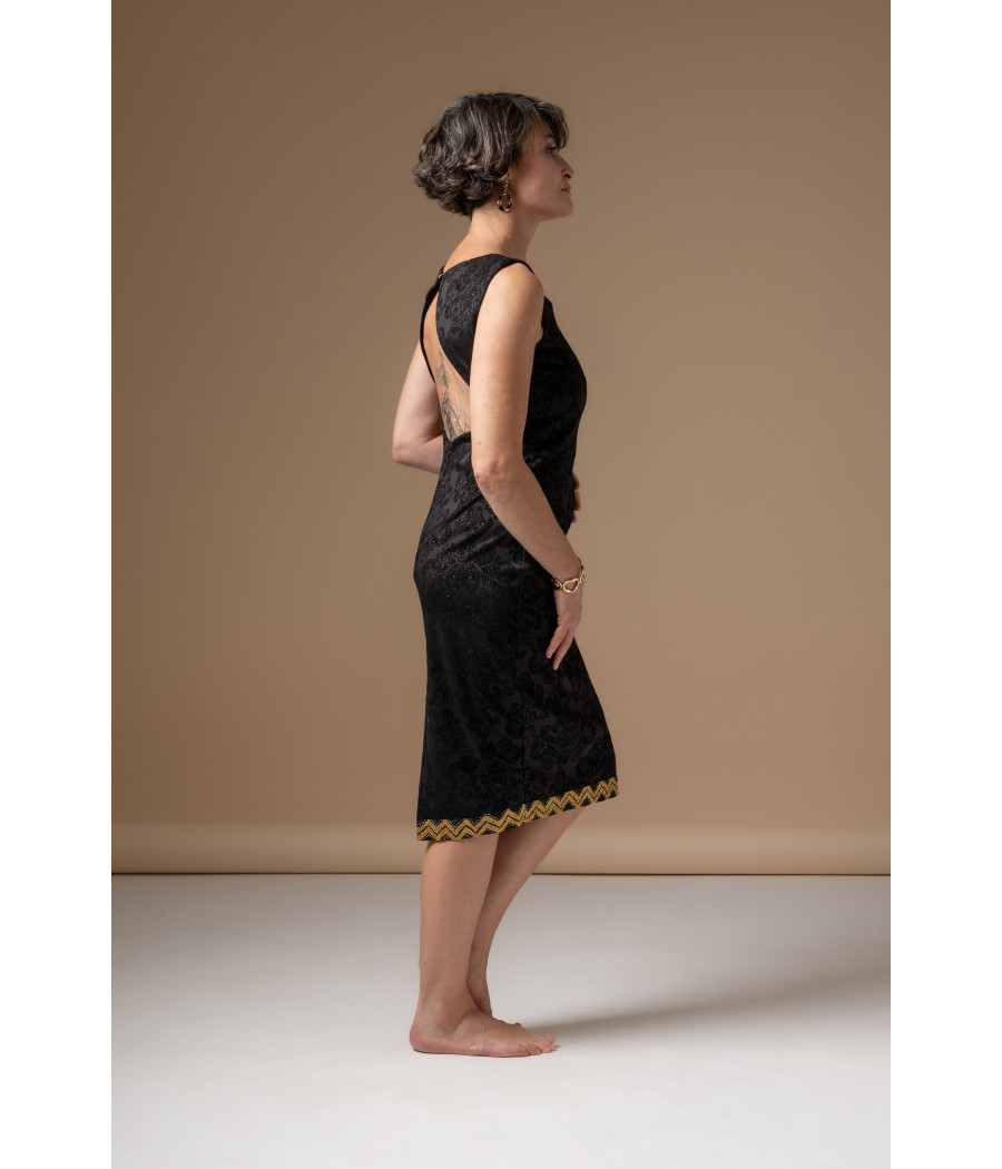 Black Jacquard Sheath Dress with Gold Embroidery | AS'FALL Black Jacquard Sheath Dress with Gold Embroidery | AS'FALL