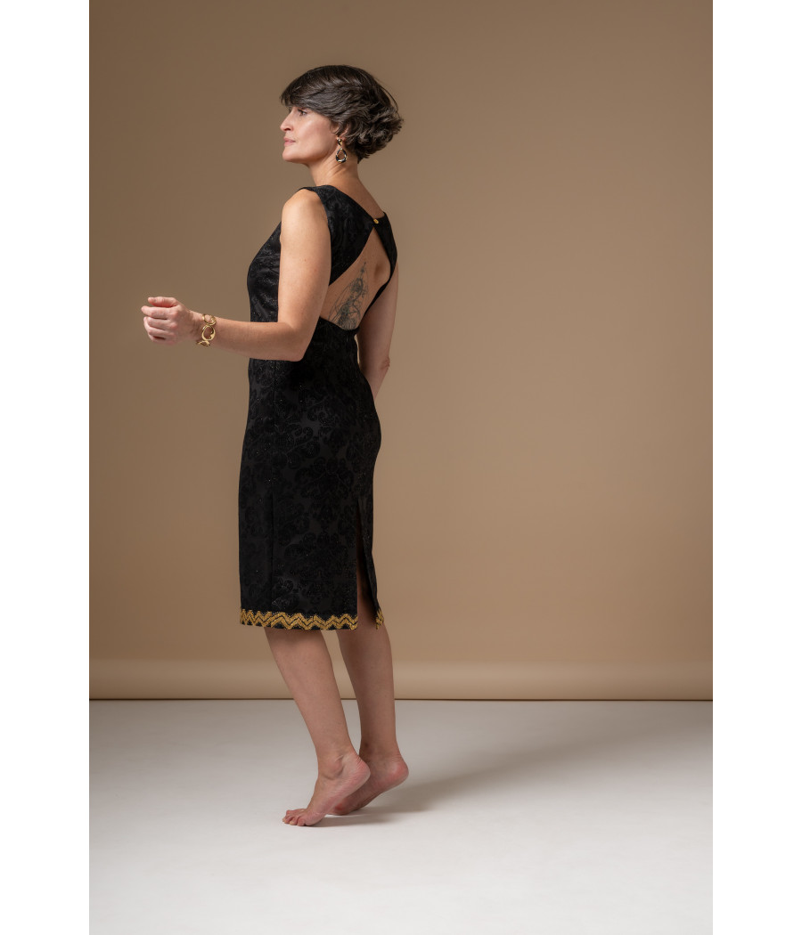 Black Jacquard Sheath Dress with Gold Embroidery | AS'FALL Black Jacquard Sheath Dress with Gold Embroidery | AS'FALL