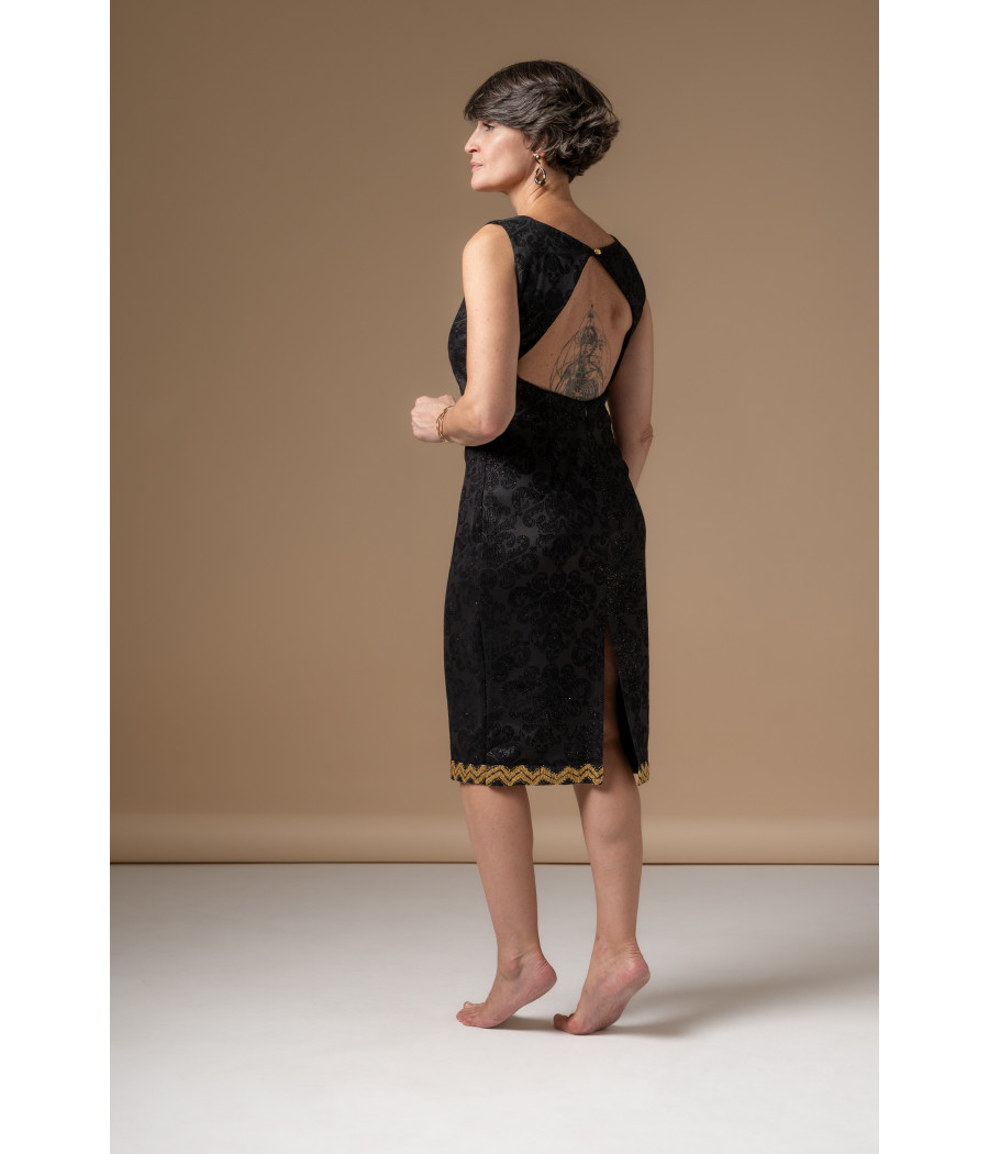 Black Jacquard Sheath Dress with Gold Embroidery | AS'FALL Black Jacquard Sheath Dress with Gold Embroidery | AS'FALL