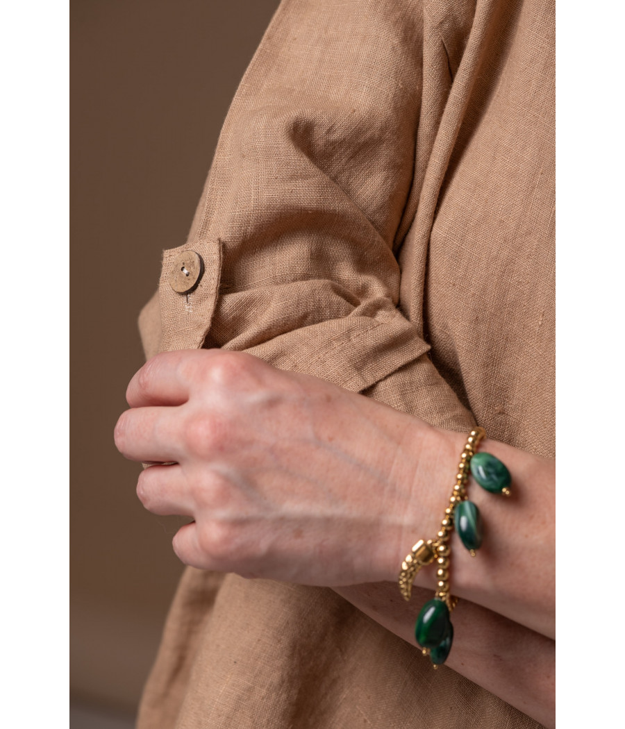 Coffee Linen Top with Buttoned Roll-Up Sleeves | AS'FALL