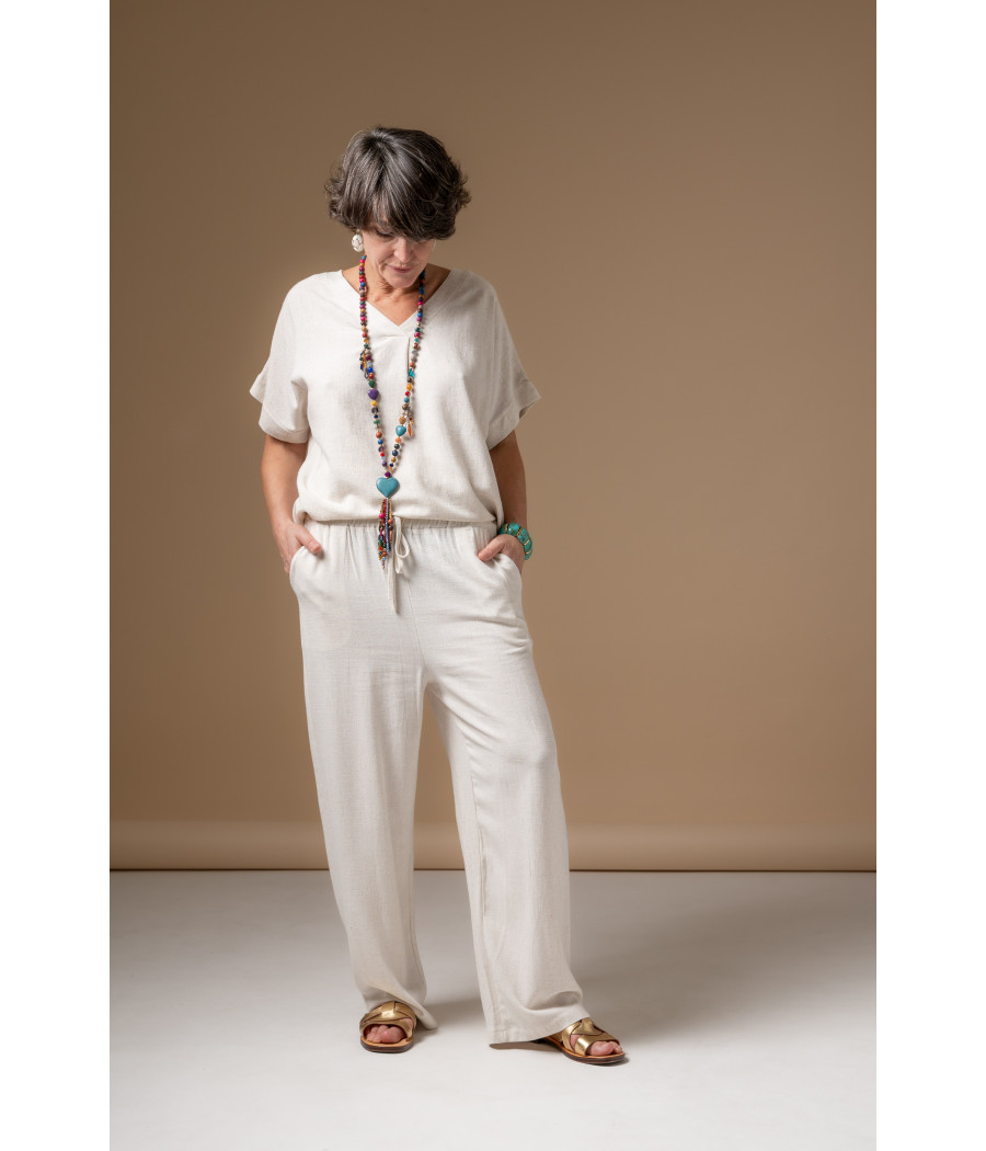 Cream Linen & Cotton Set  Wide-Leg Pants | AS'FALL